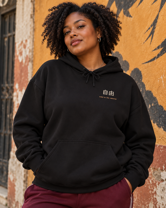 AI-generated lifestyle mockup of Free at Sea Kanji Anime Hoodie in black on an adult model