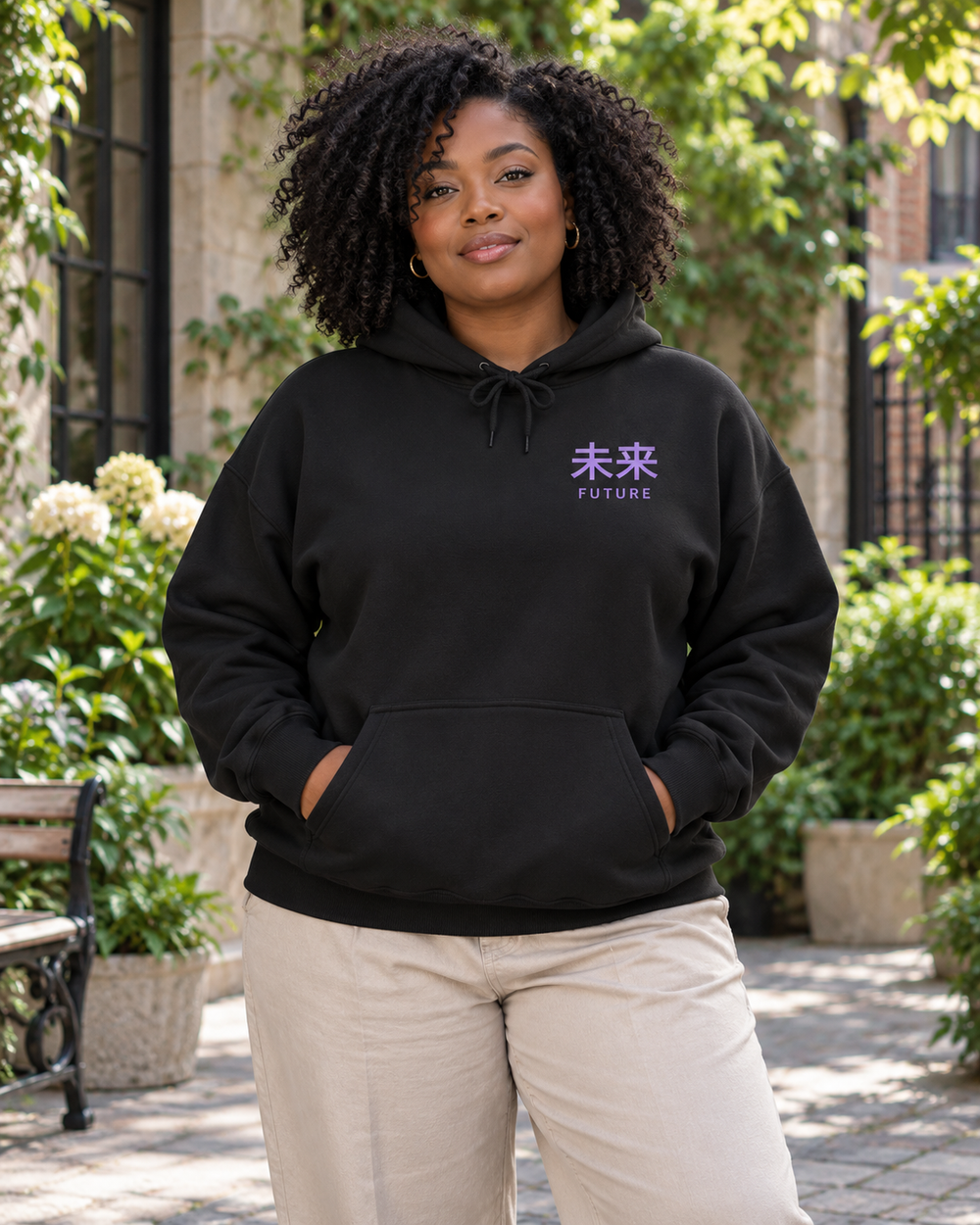 AI-generated lifestyle mockup of Future Tense Kanji Anime Hoodie in black on an adult model