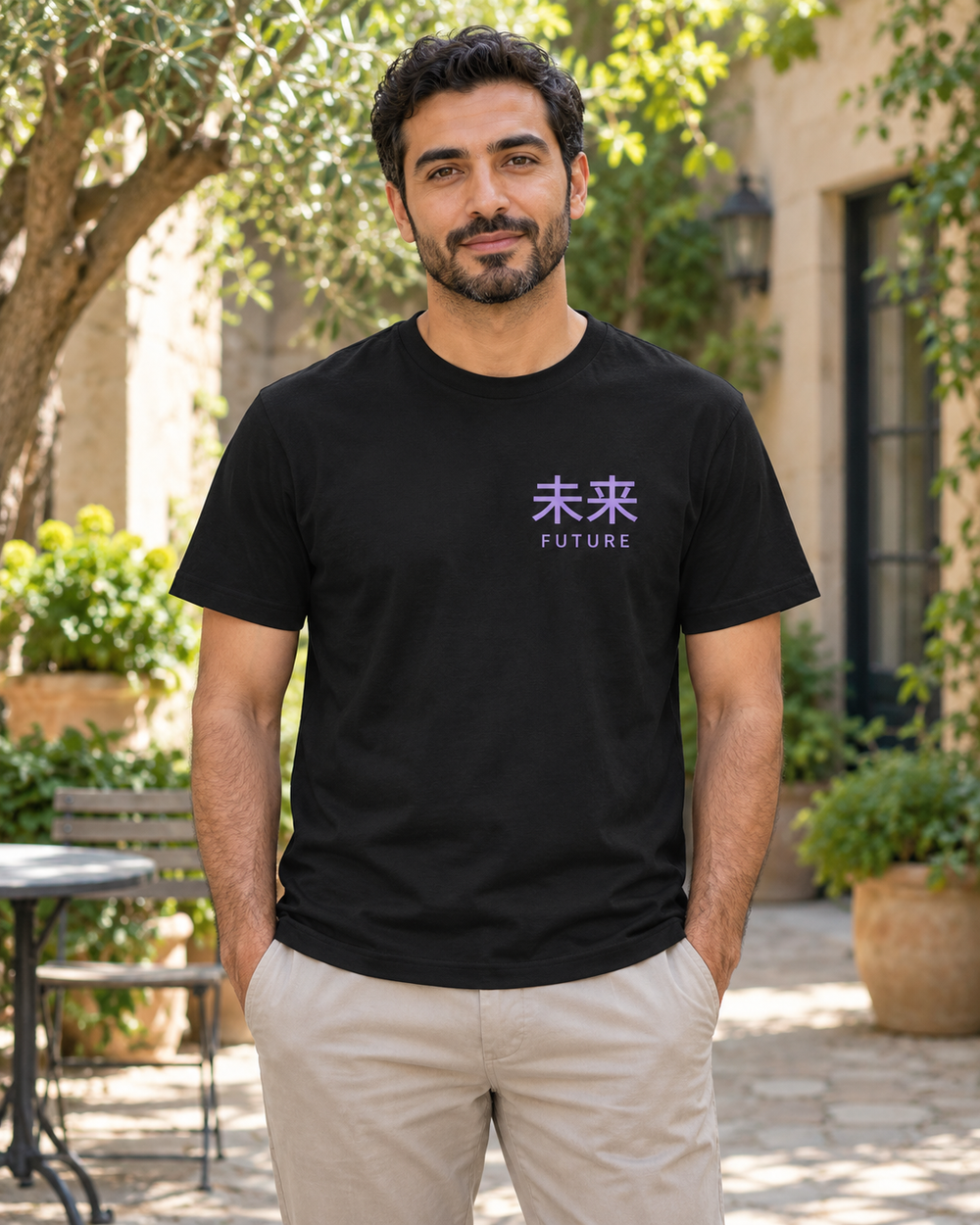 AI-generated lifestyle mockup of Future Tense Kanji Anime Soft Tee in black on an adult model