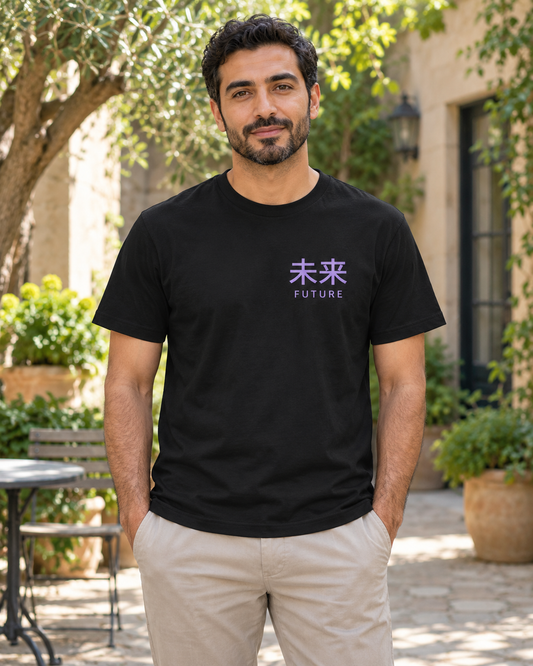 AI-generated lifestyle mockup of Future Tense Kanji Anime Soft Tee in black on an adult model