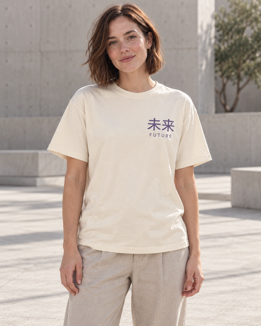 AI-generated lifestyle mockup of Future Tense Kanji Anime Tee in ivory on an adult model