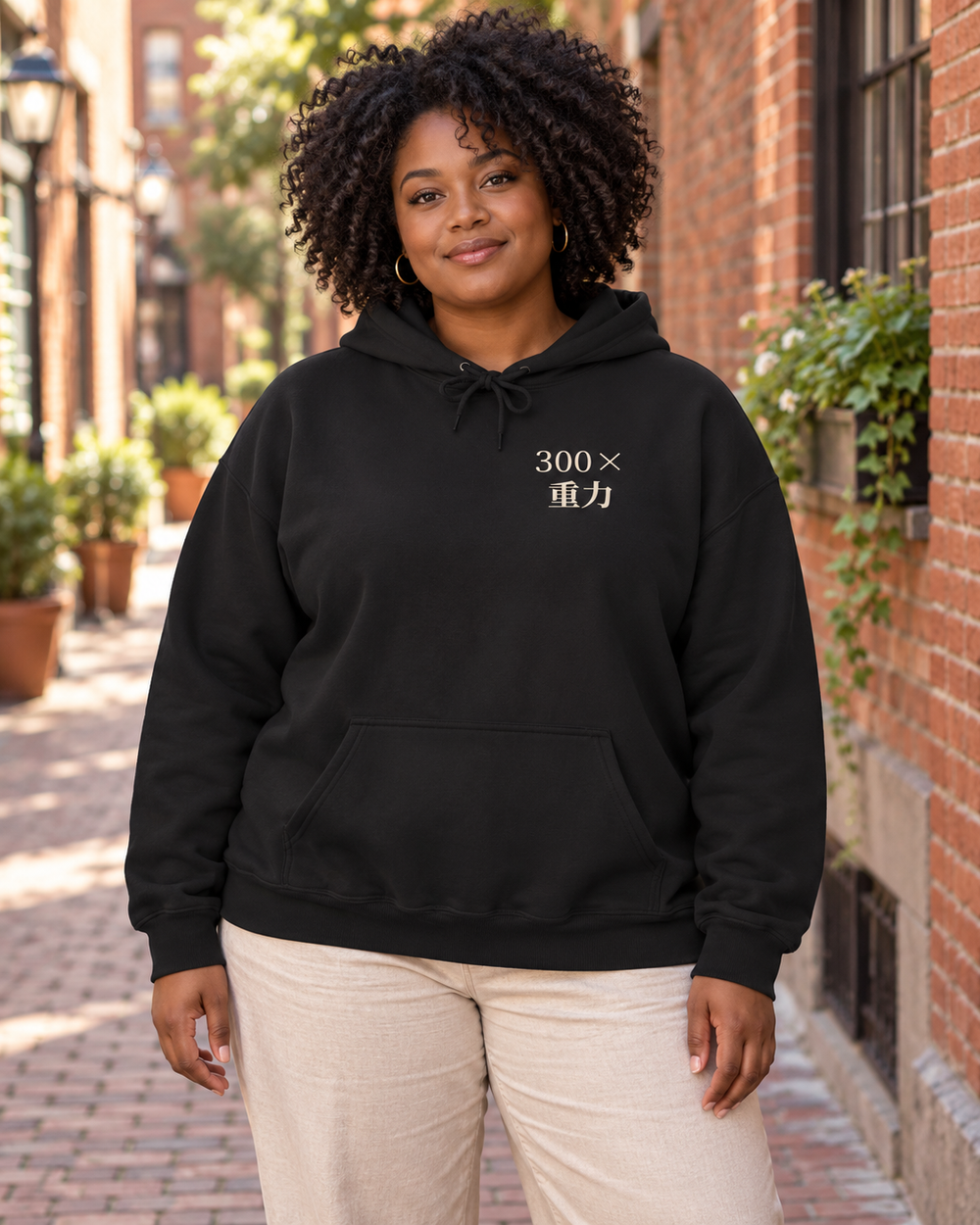 AI-generated lifestyle mockup of Gravity Club Kanji Anime Hoodie in black on an adult model