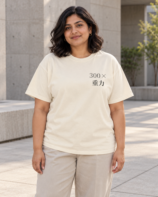 AI-generated lifestyle mockup of Gravity Club Kanji Anime Tee in ivory on an adult model
