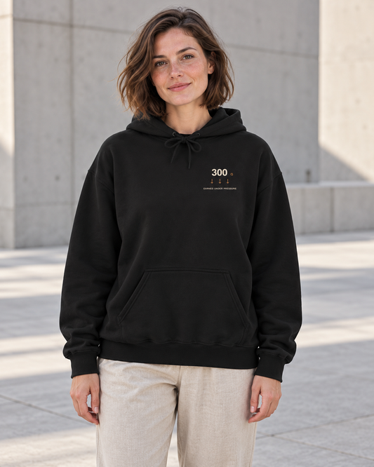 AI-generated lifestyle mockup of Gravity Club Minimalist Anime Hoodie in black on an adult model