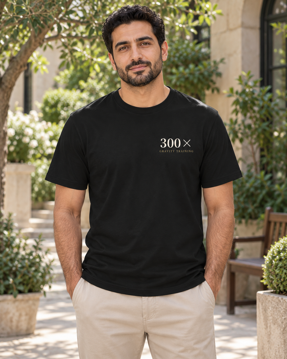 AI-generated lifestyle mockup of Gravity Training Kanji Anime Soft Tee in black on an adult model
