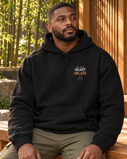AI-generated lifestyle mockup of Heart Ablaze Anime Quote Hoodie in black on an adult model