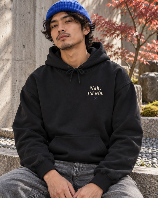 AI-generated lifestyle mockup of I'd Win Anime Quote Hoodie in black on an adult model