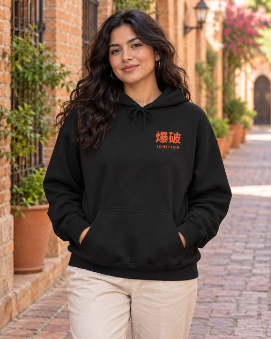 AI-generated lifestyle mockup of Ignition Kanji Anime Hoodie in black on an adult model