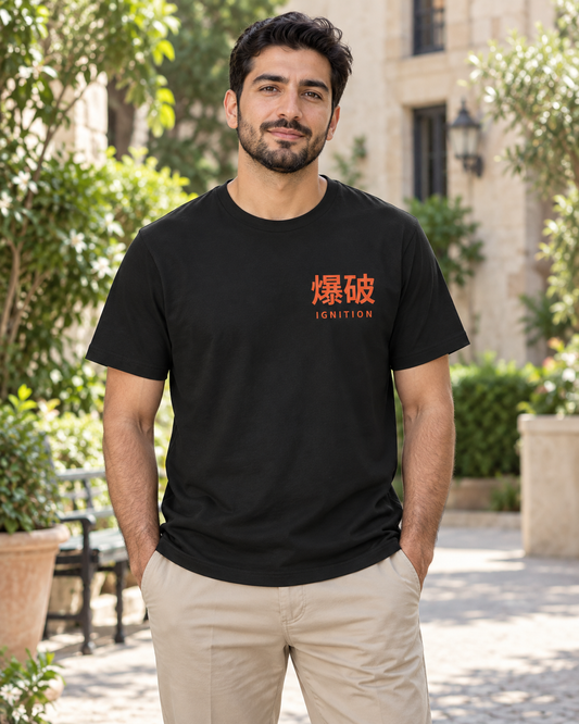 AI-generated lifestyle mockup of Ignition Kanji Anime Soft Tee in black on an adult model