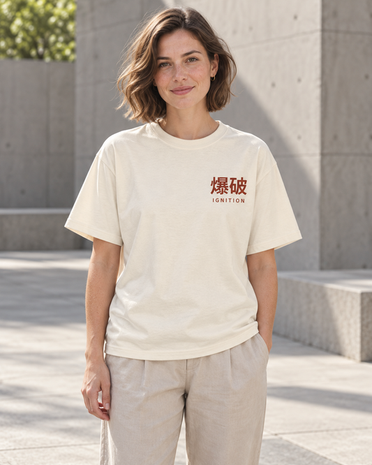 AI-generated lifestyle mockup of Ignition Kanji Anime Tee in ivory on an adult model