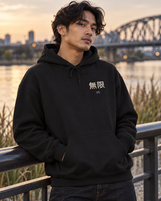 AI-generated lifestyle mockup of Infinite Confidence Kanji Anime Hoodie in black on an adult model
