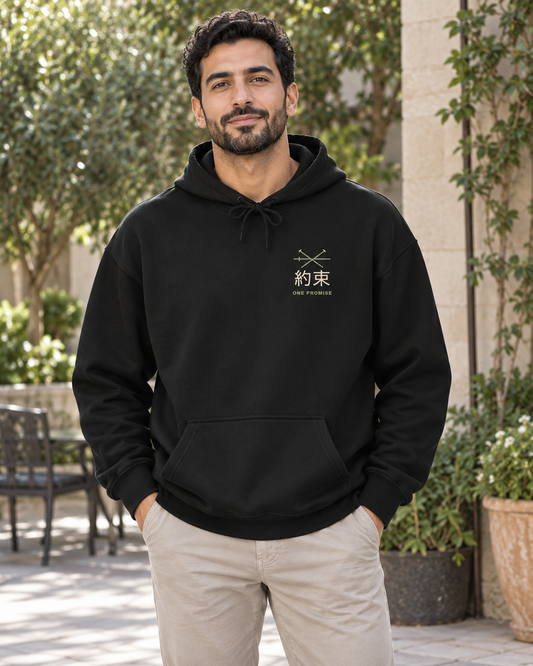 AI-generated lifestyle mockup of Kept Promise Kanji Anime Hoodie in black on an adult model