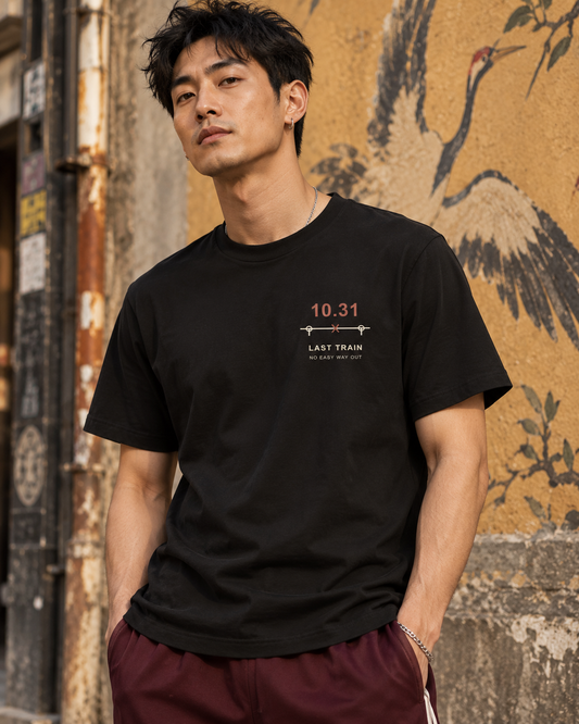 AI-generated lifestyle mockup of Last Train October Minimalist Anime Soft Tee in black on an adult model
