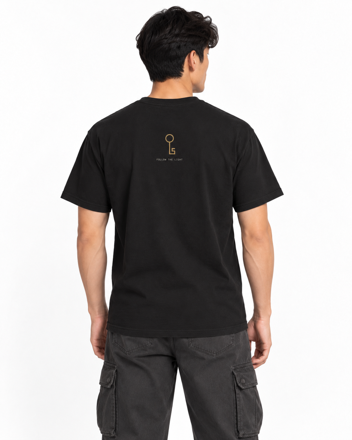 Light Within heavyweight tee Black — studio back lifestyle — back view