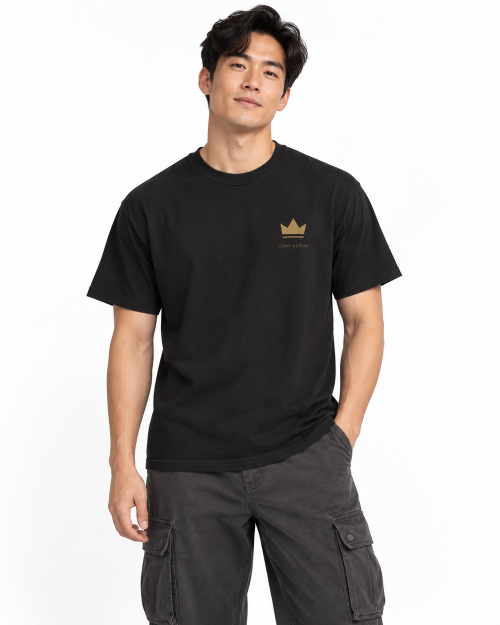 Light Within heavyweight tee Black — studio front lifestyle — front view