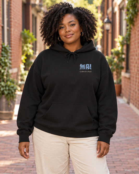AI-generated lifestyle mockup of Limitless Kanji Anime Hoodie in black on an adult model
