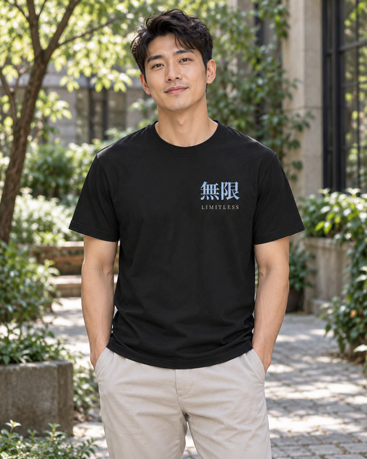 AI-generated lifestyle mockup of Limitless Kanji Anime Soft Tee in black on an adult model