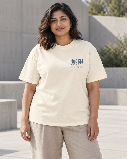 AI-generated lifestyle mockup of Limitless Kanji Anime Tee in ivory on an adult model