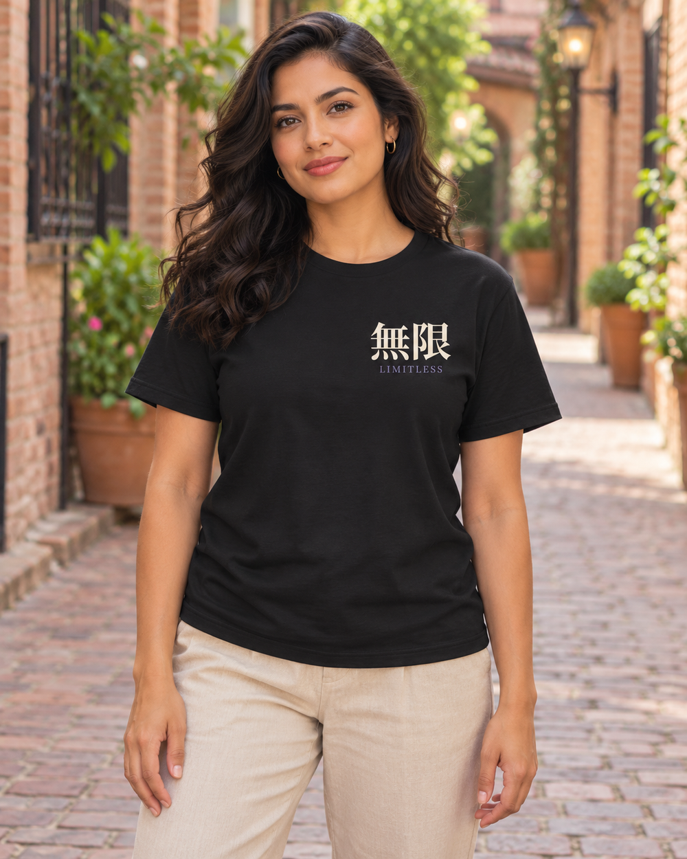 AI-generated lifestyle mockup of Limitless Uniform Kanji Anime Soft Tee in black on an adult model