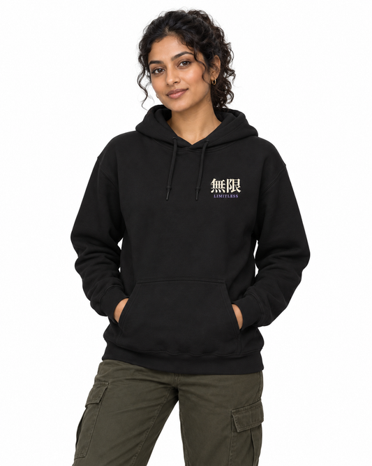Limitless Uniform Kanji Hoodie in Black — studio front lifestyle, white background; AI styling mockup