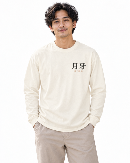 Moon Release Kanji Long Sleeve Tee in Ivory — studio lifestyle front view