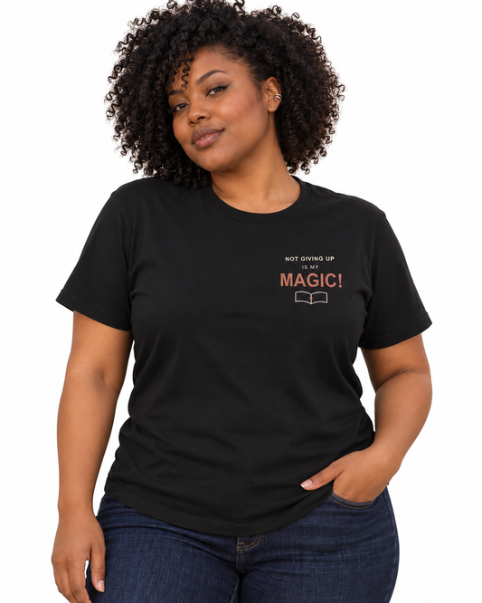 My Magic Anime Quote Soft Tee in Black — studio front lifestyle, white background; AI styling mockup