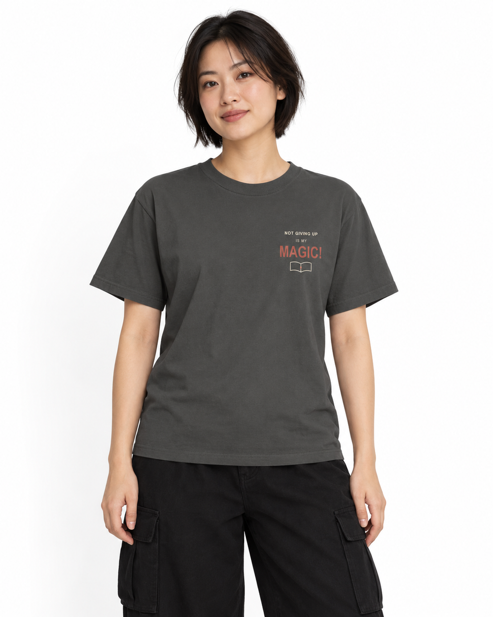 My Magic Quote Heavyweight Tee in Pepper — studio front lifestyle, white background; AI styling mockup