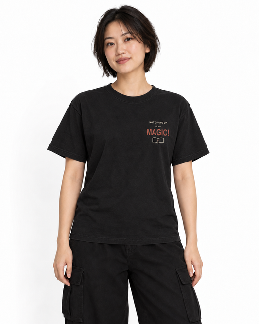 My Magic Quote Heavyweight Tee in Black — studio front lifestyle — front view — original model