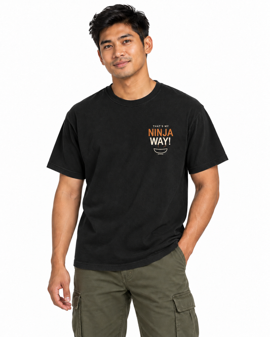 My Ninja Way Quote Heavyweight Tee in Black — studio front lifestyle — front view — original model cast