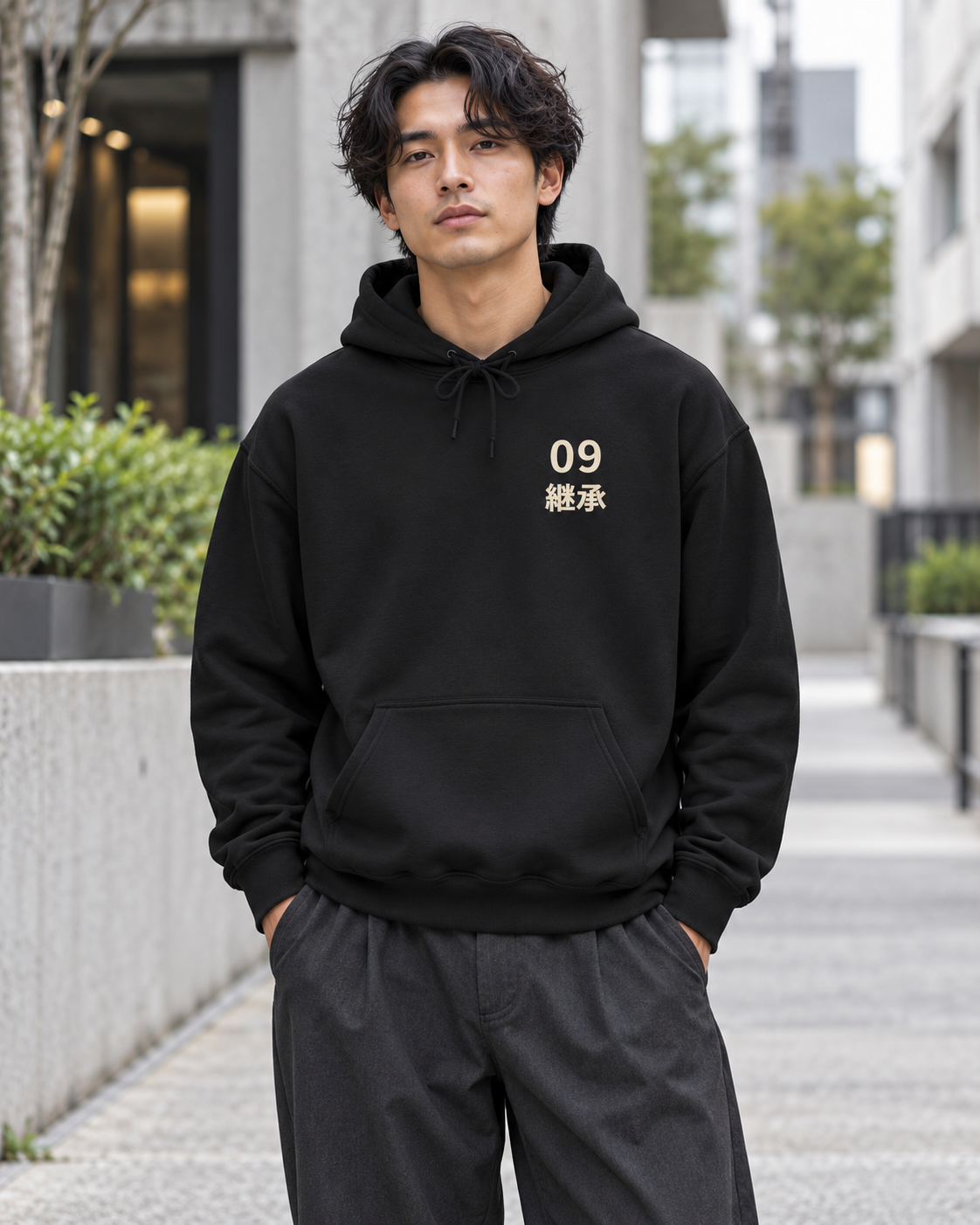 AI-generated lifestyle mockup of the Ninth kanji hoodie in black worn by an adult model