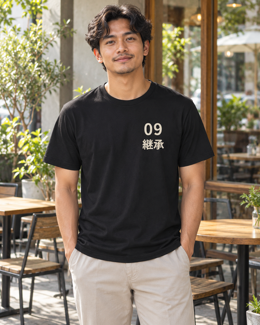 AI-generated lifestyle mockup of Ninth Kanji Anime Soft Tee in black on an adult model