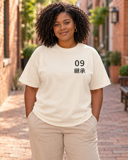 AI-generated lifestyle mockup of Ninth Kanji Anime Tee in ivory on an adult model