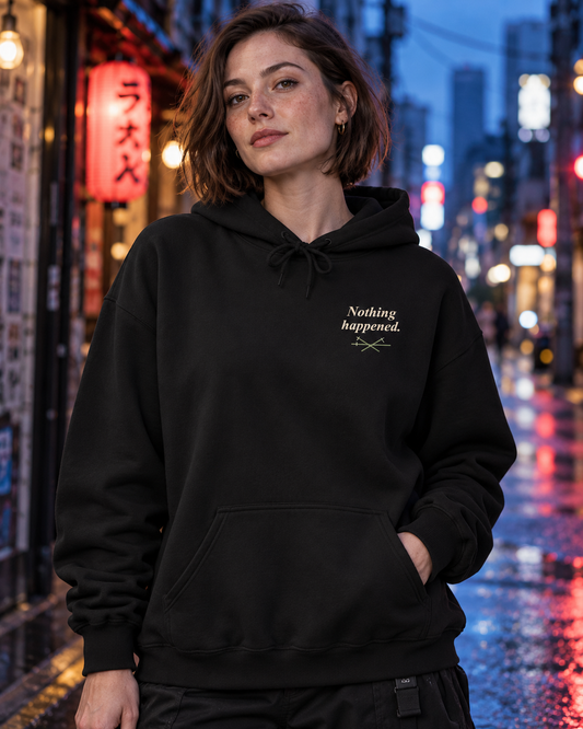 AI-generated lifestyle mockup of Nothing Happened Anime Quote Hoodie in black on an adult model
