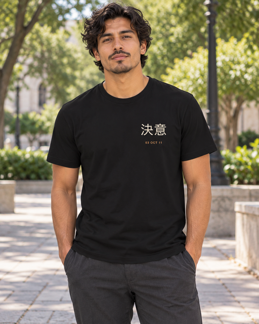 AI-generated lifestyle mockup of October Third Kanji Anime Soft Tee in black on an adult model