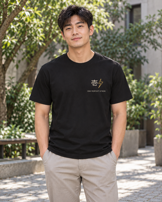 AI-generated lifestyle mockup of One Perfect Strike Minimalist Anime Soft Tee in black on an adult model