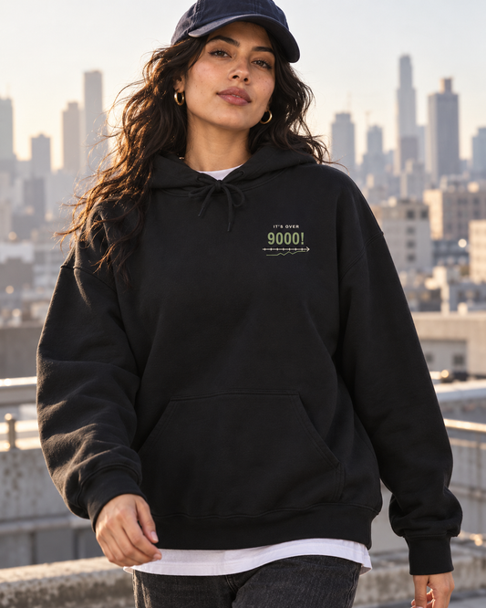 AI-generated lifestyle mockup of Over Nine Thousand Anime Quote Hoodie in black on an adult model