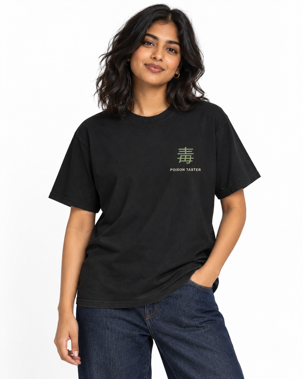 Poison Taster Kanji Heavyweight Tee in Black — studio front lifestyle, white background; AI styling mockup