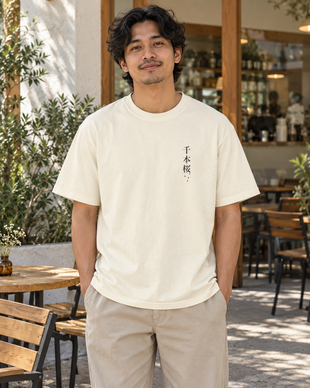 AI-generated lifestyle mockup of Quiet Bloom Kanji Anime Tee in ivory on an adult model