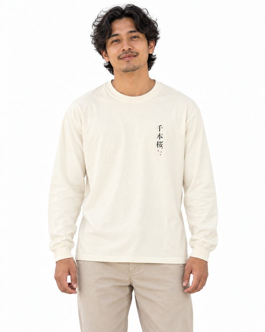 Quiet Bloom Kanji Long Sleeve Tee in Ivory — studio lifestyle front view