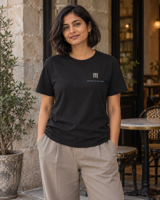 AI-generated lifestyle mockup of Rain Check Kanji Anime Soft Tee in black on an adult model