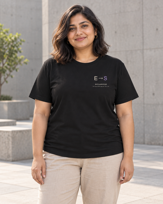 AI-generated lifestyle mockup of Reclassified Minimalist Anime Soft Tee in black on an adult model