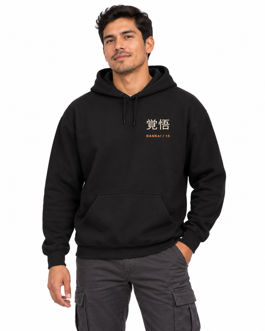 Resolve and Release Kanji Hoodie in Black — studio front lifestyle, white background; AI styling mockup