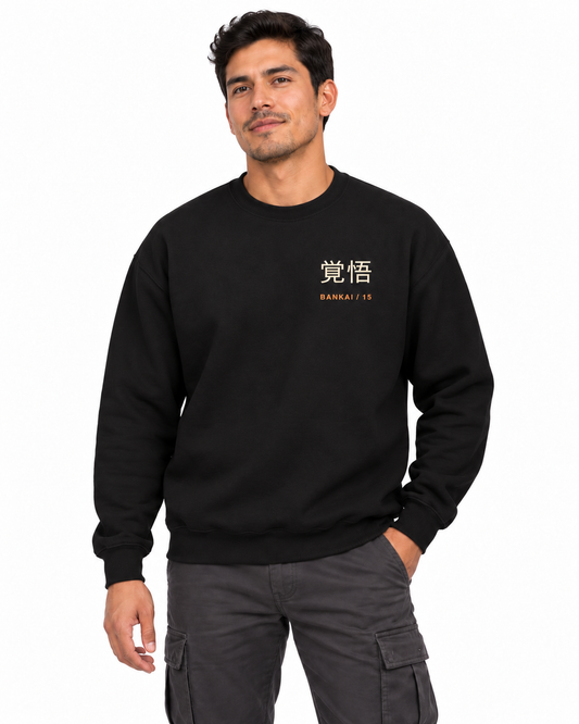 Resolve and Release Kanji Crewneck Sweatshirt in Black — studio lifestyle front view