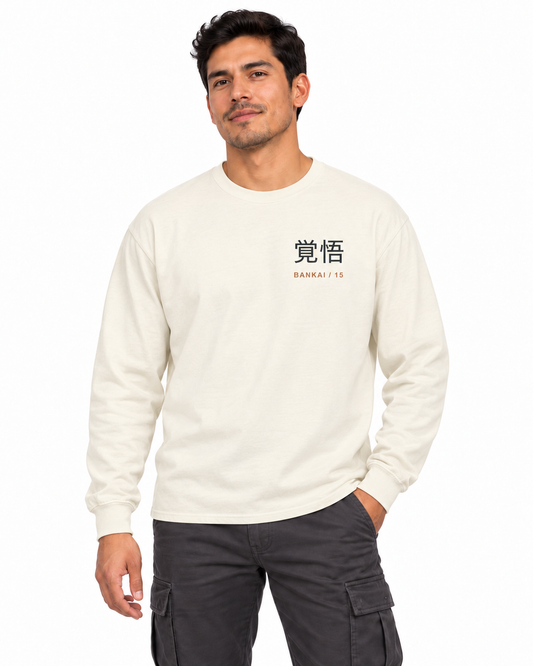 Resolve and Release Kanji Long Sleeve Tee in Ivory — studio lifestyle front view