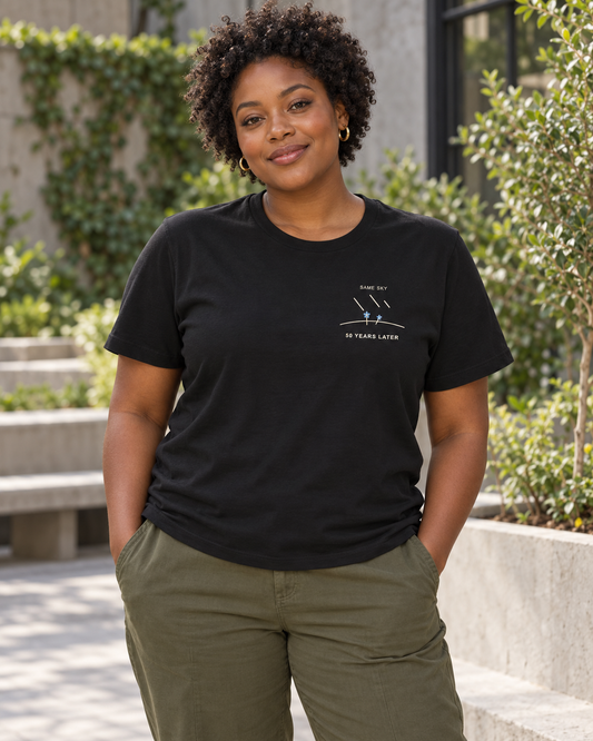 AI-generated lifestyle mockup of Same Sky Minimalist Anime Soft Tee in black on an adult model