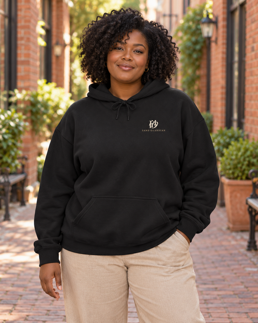 AI-generated lifestyle mockup of Sand Guardian Kanji Anime Hoodie in black on an adult model