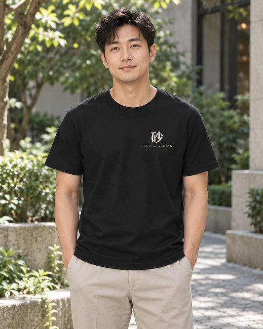 AI-generated lifestyle mockup of Sand Guardian Kanji Anime Soft Tee in black on an adult model