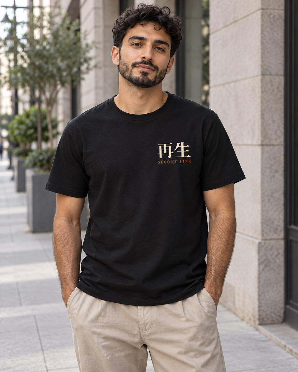 AI-generated lifestyle mockup of Second Life Kanji Anime Soft Tee in black on an adult model