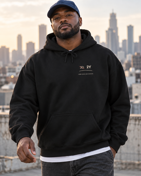 AI-generated lifestyle mockup of See You Later Minimalist Anime Hoodie in black on an adult model