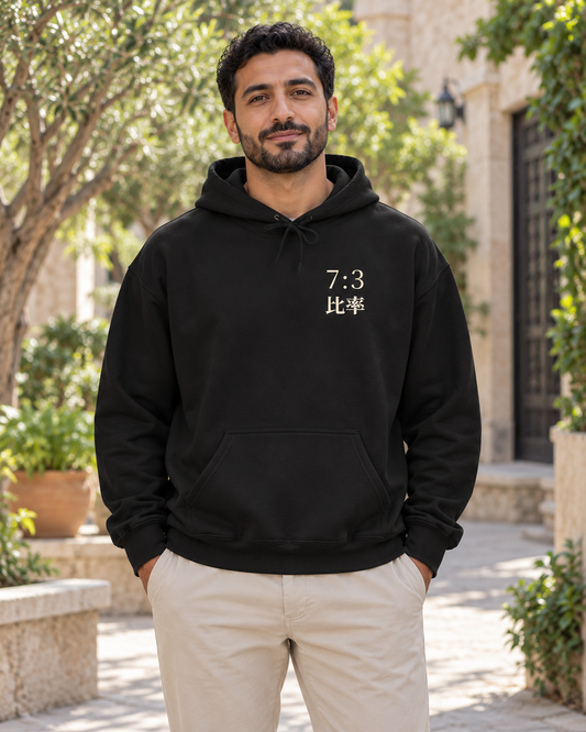 AI-generated lifestyle mockup of Seven Three Kanji Anime Hoodie in black on an adult model